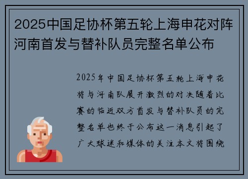 2025中国足协杯第五轮上海申花对阵河南首发与替补队员完整名单公布