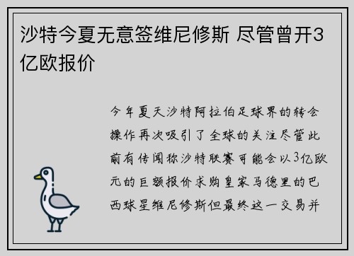 沙特今夏无意签维尼修斯 尽管曾开3亿欧报价
