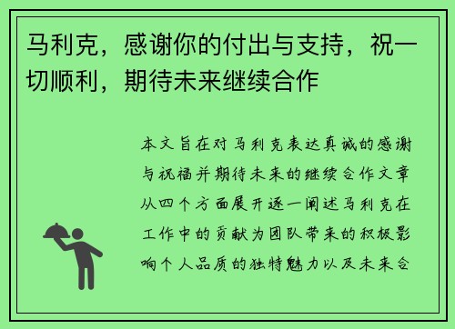马利克，感谢你的付出与支持，祝一切顺利，期待未来继续合作