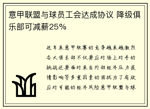 意甲联盟与球员工会达成协议 降级俱乐部可减薪25%