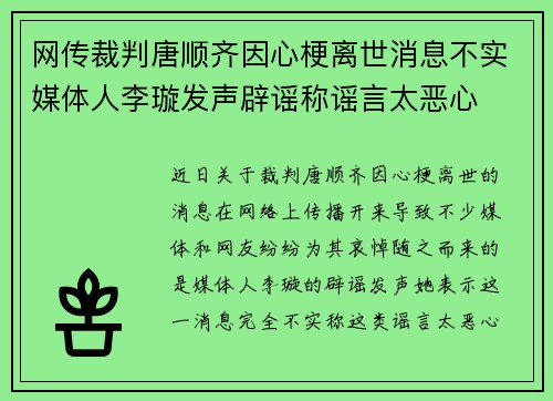 网传裁判唐顺齐因心梗离世消息不实媒体人李璇发声辟谣称谣言太恶心